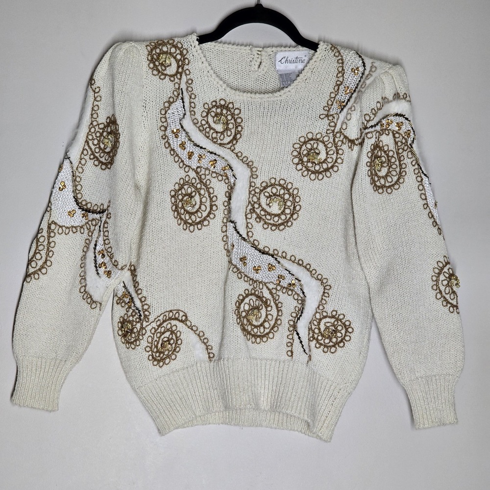 Vintage Christine Sweater Beaded‎ Embellished Cream 80s 90s Elegant Glam S Small